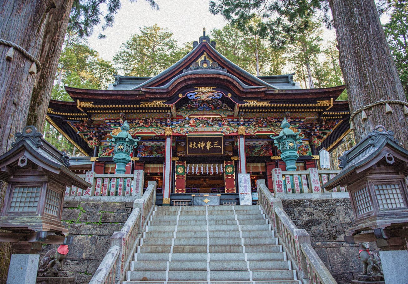 森の中にある日本の寺院の入り口の風景